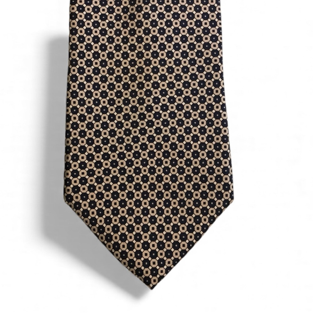Tommy Hilfiger Silk Tie - Navy Tan Cream Small Octagon Shape Repeat Design